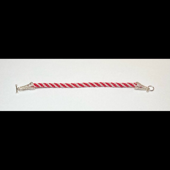 Handmade Kumihimo Bracelet Red And Gray Cotton Cord Silver Plate Cone End Caps - Picture 2 of 2